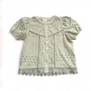 Nordstrom Rack INDUSTRY Embroidered Eyelet Puff Sleeve Button-Up Shirt XS Green